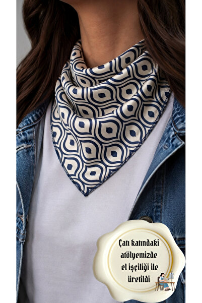 Store Geometric Patterned Navy Blue Satin Bandana Scarf