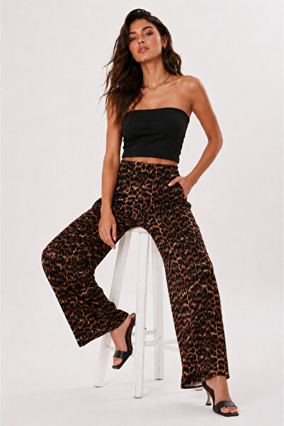 RAVELLES Women's Leopard Patterned High-Waisted Wide-Leg Trousers - Linen Look