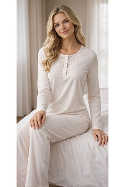 FLZ Women's Long Sleeve Lace Detailed Pajama Set Red – Comfortable Home Wear ...