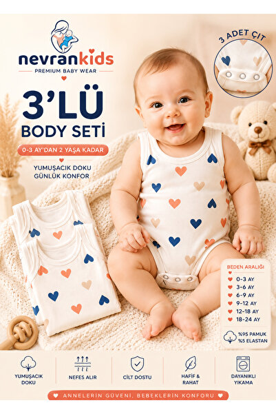 nevrankids Yenidoğan Bebek Çocuk 3 Parça Body Zıbın Set