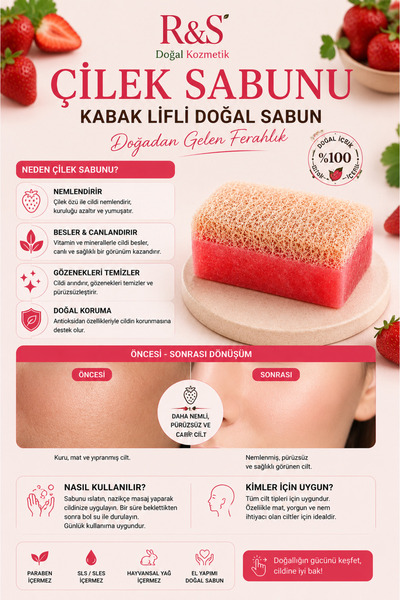R&S Doğal Kozmetik Pumpkin Fiber Strawberry Soap - Handmade Skin Cleansing Soap with Exfoliating Effect