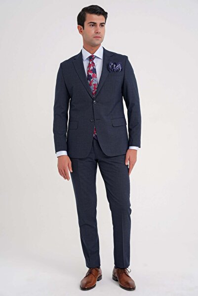 Efor Slim Fit Çift Yırtmaç Doku Desenli Esnek Lacivert Yelekli Takım Elbise T...