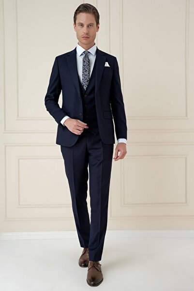 Efor Slim Fit Çift Yırtmaç Doku Desenli Lacivert Yelekli Takım Elbise TK 908