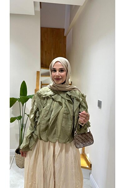 Butik Kadın Fırfırlı Astarlı Yazlık Şifon Saten Yeşil Bluz