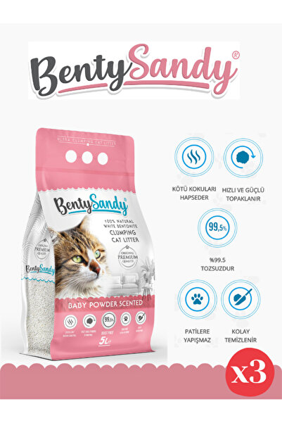 BentySandy Bebek Pudrası Kokulu Topaklanan Ince Taneli Kedi Kumu 5lx3