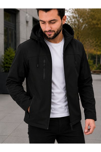 zeyra Men's Detachable Hooded Inner Fleece Water and Wind Resistant Softshell Coat - Black