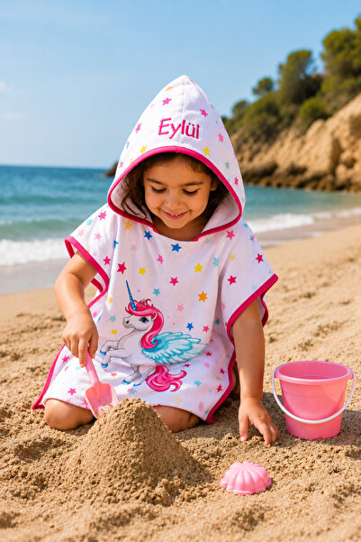 Minilee Unicorn - İsimli Kız Çocuk Kapşonlu Panço Havlu – Deniz, Havuz ve Banyo Bornoz Pançosu 2-8 Yaş
