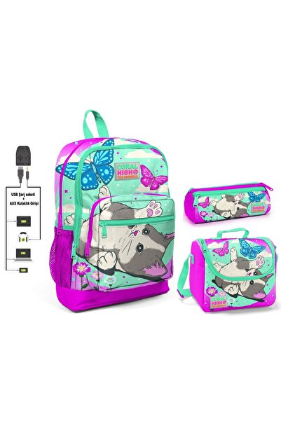 Coral High Sevimli Kedi Ve Kelebek Kız Çocuk Ilkokul Çanta Seti - Usb Çıkışlı
