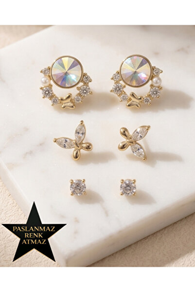 XUPING JEWELRY Xuping 14K Altın Renginde Zirkon Taşlı Kelebek Detaylı Beyaz S...