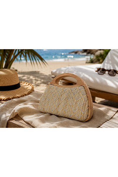 Smooth Bags Women's Wooden Handle Geometric Patterned Straw Handbag