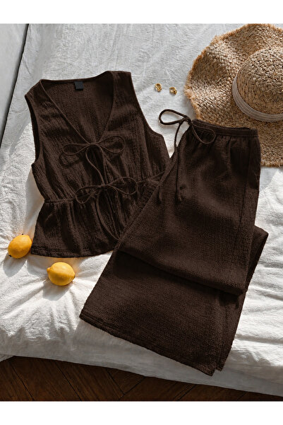 poswicon Brown Vest with Two Front Tie Details, Cropped Wide-Leg Pants, Top-B...