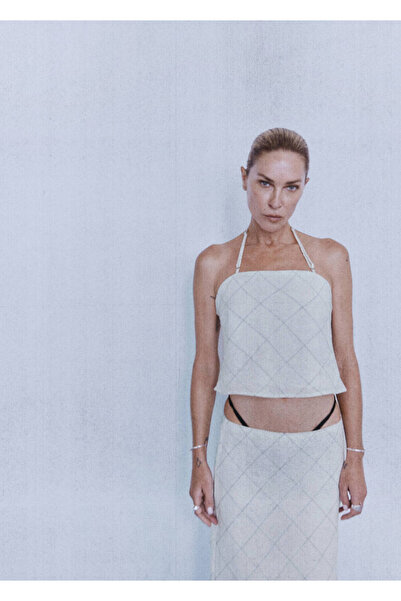 MANGO Woman Keten karışımlı kareli bluz