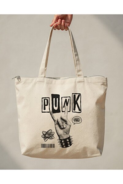 buzagi tasarım ürünleri Punk Zippered Lined Gusseted Canvas Bag 35 X 40 cm