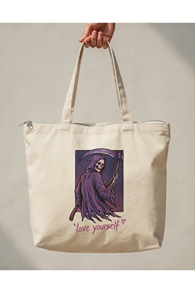 buzagi tasarım ürünleri Love Yourself Zippered Lined Gusseted Canvas Bag 35 X...