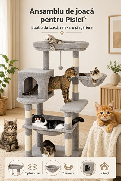Fish & Paws Ansamblu de joaca pentru pisici ®, 2 platforme,2 hamace si o casu...