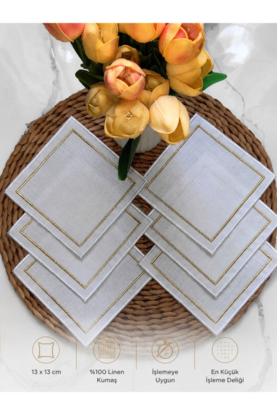 NESTURE Square White Gold Embroidered Linen Cocktail Napkins Set of 6 - Coffe...