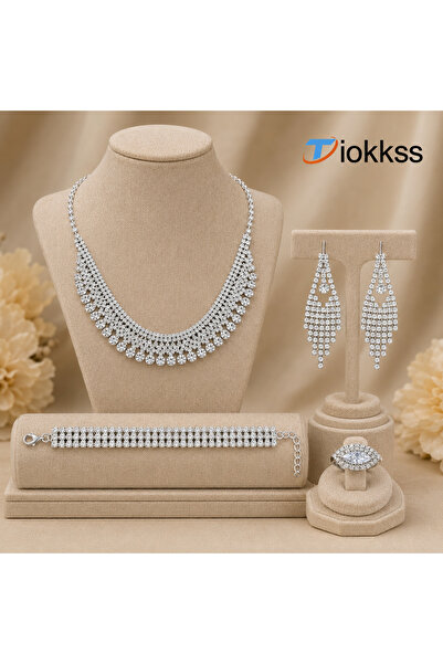 Tiokkss 5Pcs Women Rhinestone Jewelry Set, Crystal-Look Bridal Necklace Earri...