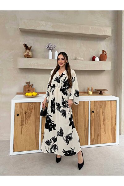 mezqa Rochie de damă, neagră și albă, cu imprimeu floral, cu talie elastică, ...