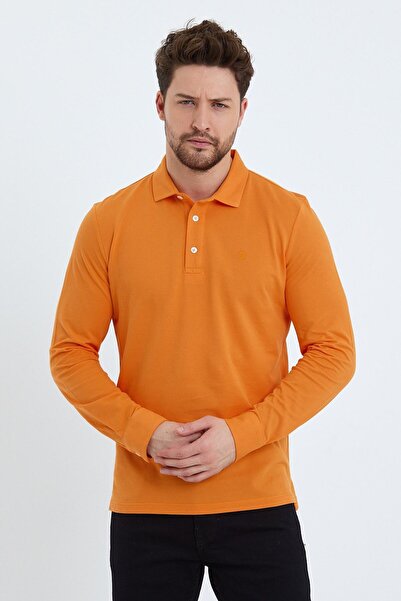 ENQUE Men's Polo Neck Comfort Long Sleeve Basic Orange T-Shirt