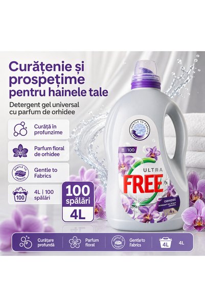 Ultra Free Detergent lichid pentru rufe Orhidee, 4 L, 100 spalari, parfum floral, pentru masina de spalat si spalare manuala