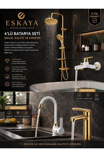 ESHOME Gold Full 4'lü Set Gold Robot - Gold Lavabo - Beyaz Eviye Mutfak ve Be...