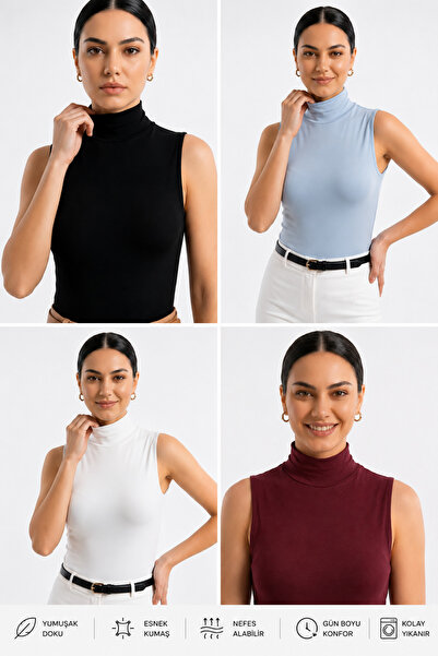 Modaonur Kadın 4'lü Paket Premium Dik Yaka Kolsuz Body Bluz Seti (Siyah, Beya...