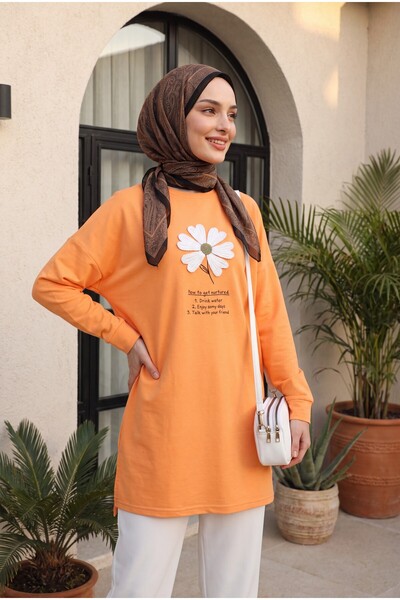 Modamorfo Floral Embroidered Crew Neck Combed Cotton Tunic - Orange