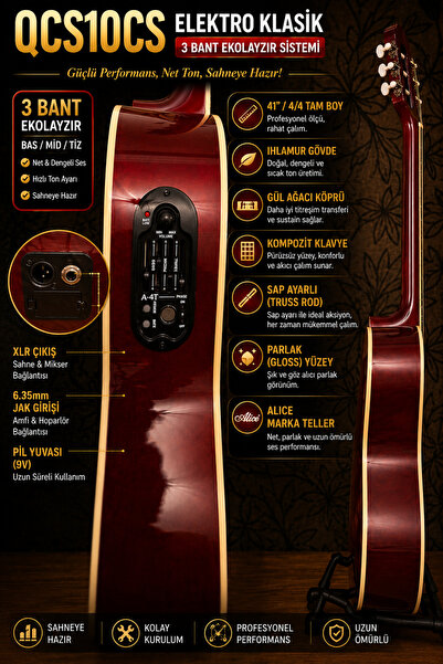 valares 🔥 QCG10CS Üst Seviye Sahne Performansı Sunan Elektro Klasik Gitar 3 ...