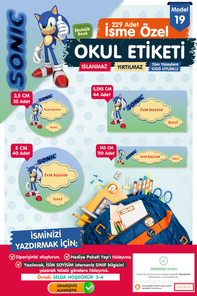 t tuğset etiket Okul Etiketi Sonic Kalem Defter Etiketi Özel İsim Yazılabilen...