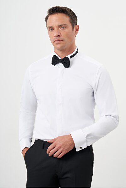 Morven Men's White Cuffed Slim Fit Ata Collar Shirt