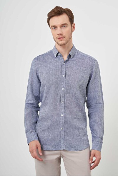 Morven Men's Navy Blue Linen Buttoned Collar Regular Fit Shirt
