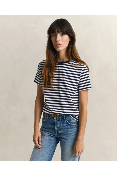 Gant Kadın Lacivert Bisiklet Yaka Regular Fit Çizgili T-Shirt