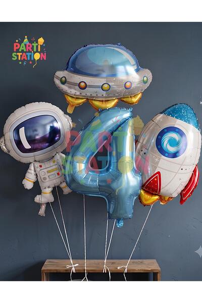 Parti Station Uzay Astronot Uzay Gemisi Roket 4 Yaş Balon Set Uzay Astronot K...
