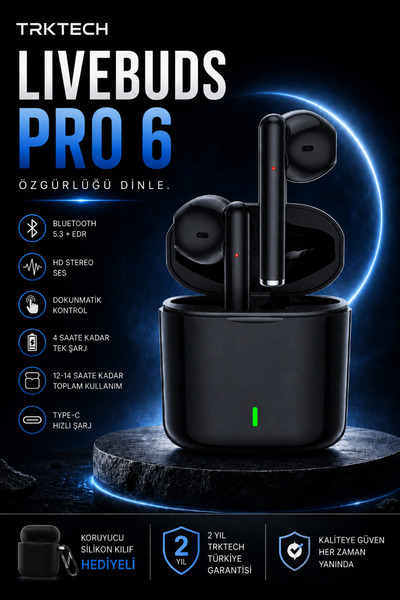 TrkTech Livebuds Pro 6 Siyah Kablosuz Bluetooth Kulaklık Bluetooth 5.3 TWS iO...