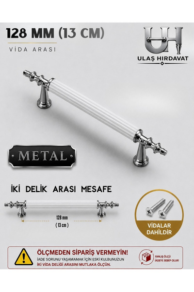 Ulaş Hırdavat Metal Kulp, Beyaz Krom, Lüx Dolap Çekmece Kulpu Kumru Kulp 1 Ad...