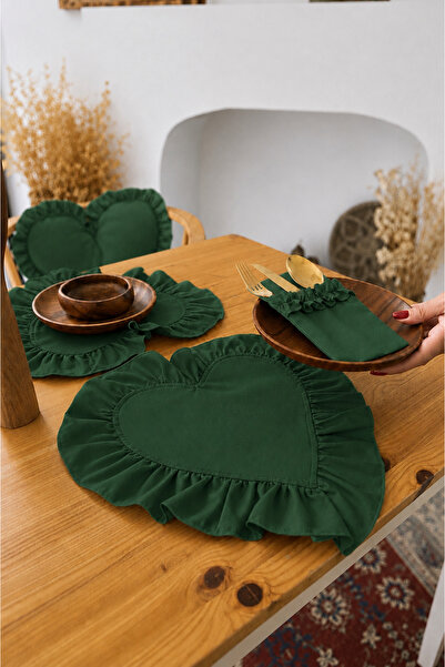 KaiHome Mossy Series Green Heart Ruffled Linen Supla / American Service Set of 2