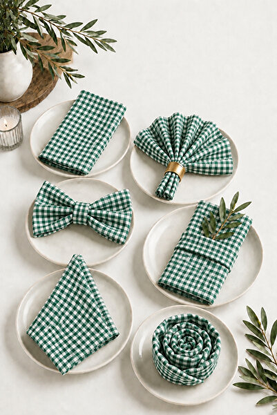 KaiHome Set of 6 100% Linen Fabric Checkered Green Napkins