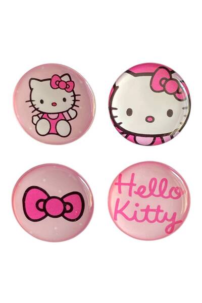 Yaya Dizayn Hello Kitty Temalı Parlak Baskılı 4'lü Metal Rozet Seti