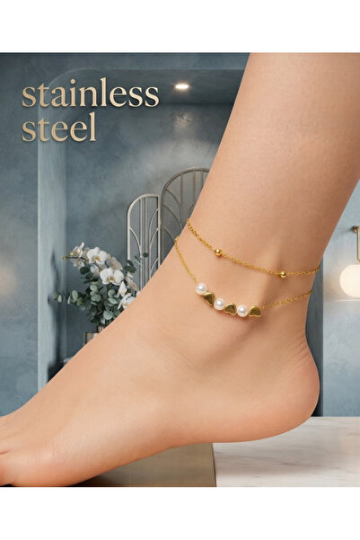 stainless steell Gold Color Pearl Heart Model Ball and Sf Chain Steel Anklet