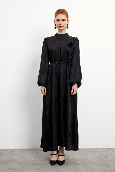 VAVİNOR Rochie Jacquard cu Detaliu Trandafir - Neagra