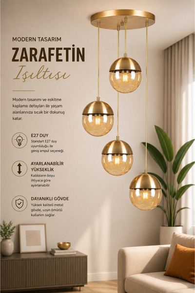 Lumexx KÜRE 4 LÜ TEPSİLİ ESKİTME BAL CAMLI SARKIT