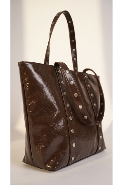 CELESTIAL COLLECTION New Season Briella Bitter Brown Shiny Faux Leather and Z...