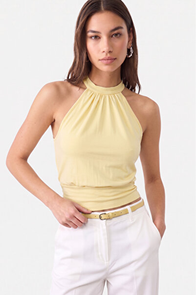VODENS Butter Yellow Fitted 97% Cotton Lace-Up Blouse