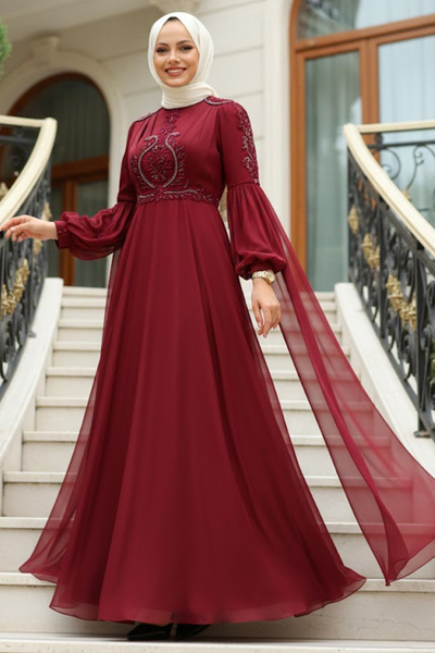 Neva Style Pelerinli Bordo Tesettür Abiye Elbise 2212BR