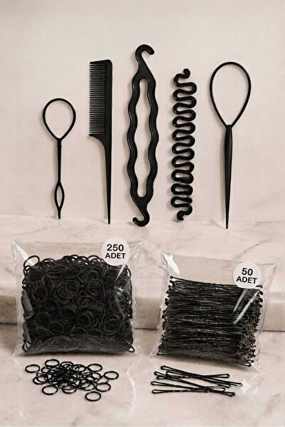 invictus design Kadın Siyah Saç Örgü Set, 250 Adet Minik Perma Lastik Toka, 5...