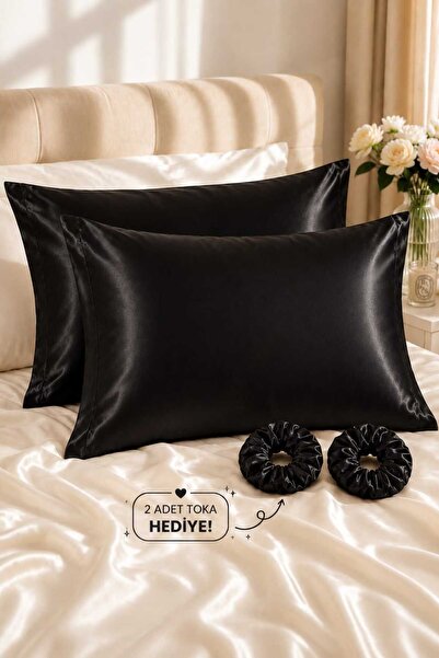 Deko Dekor 100% ساتان 50x70 سم 2 كيس وسادة ساتان و 2 مشبك لون أسود