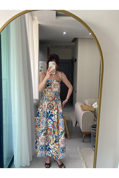 Butik Desenli Crop Bluz & Yüksek Bel Midi Etek İkili Takım