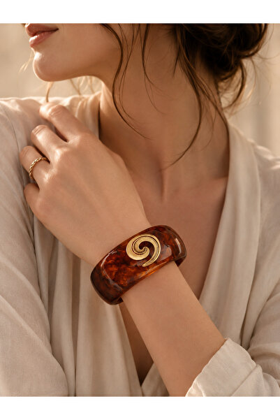 POSEİDONS JEWELLERY Amber Patterned Spiral Figured Gold Detailed Women's Brac...