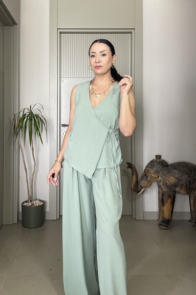 Butik Cross-Tied Waist Elastic Waist Draped Vest Trousers Suit