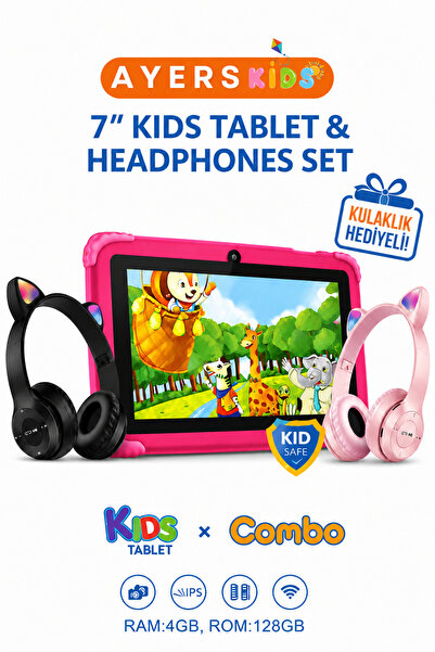 Ayers 7 İnç Çocuk Tableti 4GB RAM 128GB Kılıflı, Ebeveyn Kontrollü, Eğitici O...